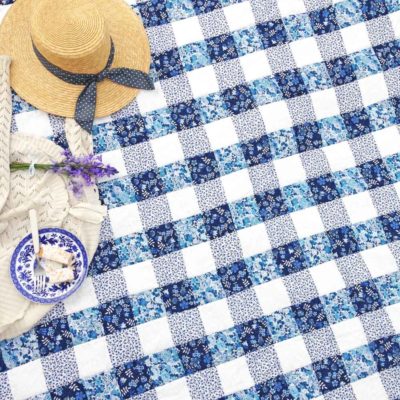Blue gingham patchwork Liberty fabric quilt