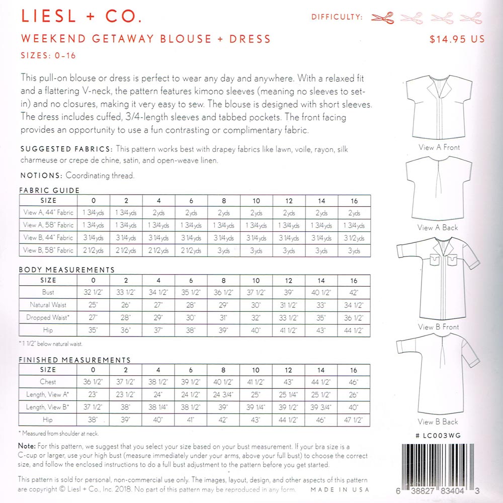 US Blouse Printed Sewing Pattern  Weekend Getaway Dress Liesl & Co